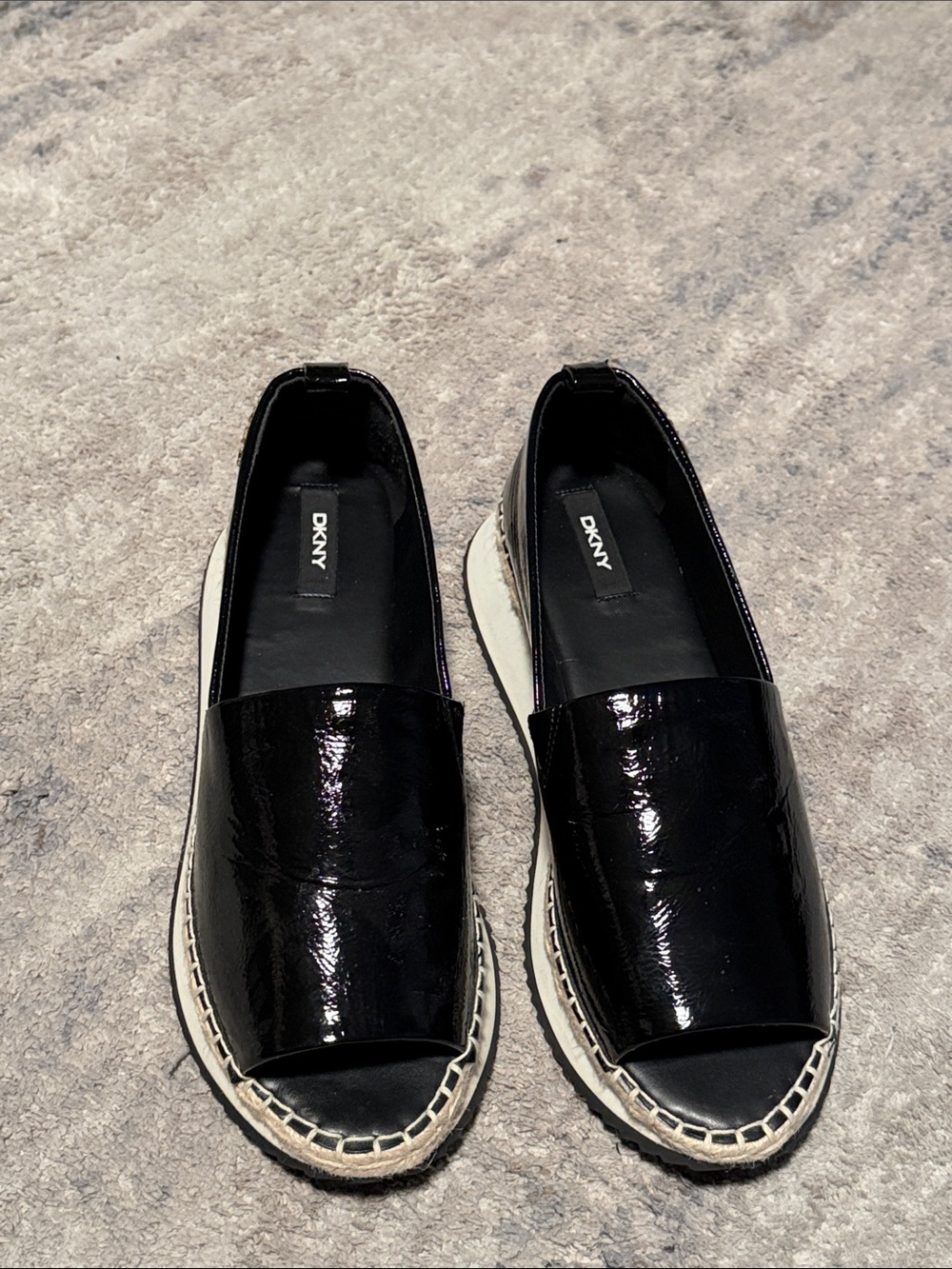 DKNY Black Shiny Orza Espadrille Wedge Sandal